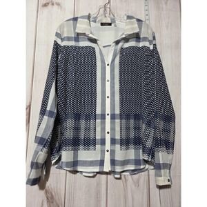 Fylo London Shirt Womens XL Blue White Plaid Chiffon Semi Sheer‎ Button Up Top